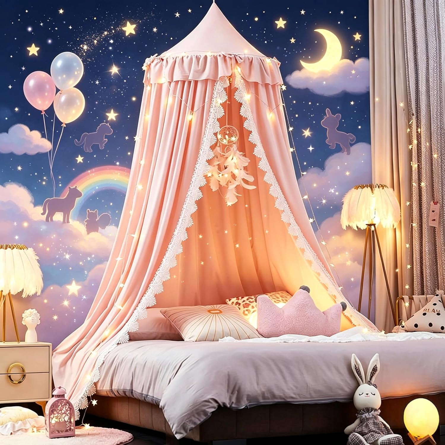 Bed Canopy for Girls, Ruffled Soft Pink Princess Canopy Dreamy Bow Decor, Bed Canopies for Kids Room, Hanging Canopy Bedding Drapes Toddler Reading Nook Play Tent (Pink)