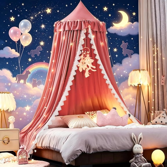 Bed Canopy for Girls, Ruffled Soft Pink Princess Canopy Dreamy Bow Decor, Bed Canopies for Kids Room, Hanging Canopy Bedding Drapes Toddler Reading Nook Play Tent (Red Bean)