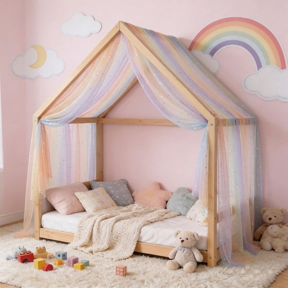 Bed Canopy House Canopy Bed Curtains for Girls Boys, Rainbow Voile Sheer Window Scarf,Fit for House Metal Floor Twin Full Bed, No Frame, 1 Panel