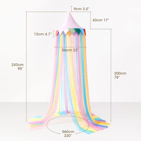 Bed Canopy for Kids - Fairy Dream Canopy Bed Curtains with Rainbow Color Hanging Net, Pink Round Dome with Colorful Flag for Reading Nook & Bedroom Decor, Toddler Crib Canopy$$Bedding