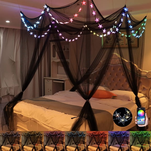 Bed Canopy with LED Star Lights, Black Canopy Bed Curtain with RGB Color Changing String Lights, Smart App Remote Control, for Twin Full Queen King Beds