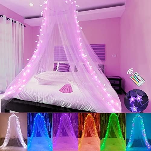 Bed Canopy with LED Star Lights, Princess Canopy Bed Curtain with 18 Colors Changing String Lights Remote Timer for Girls Bedroom, Pink Red Blue White Dome Canopy for Twin to King Size Bed