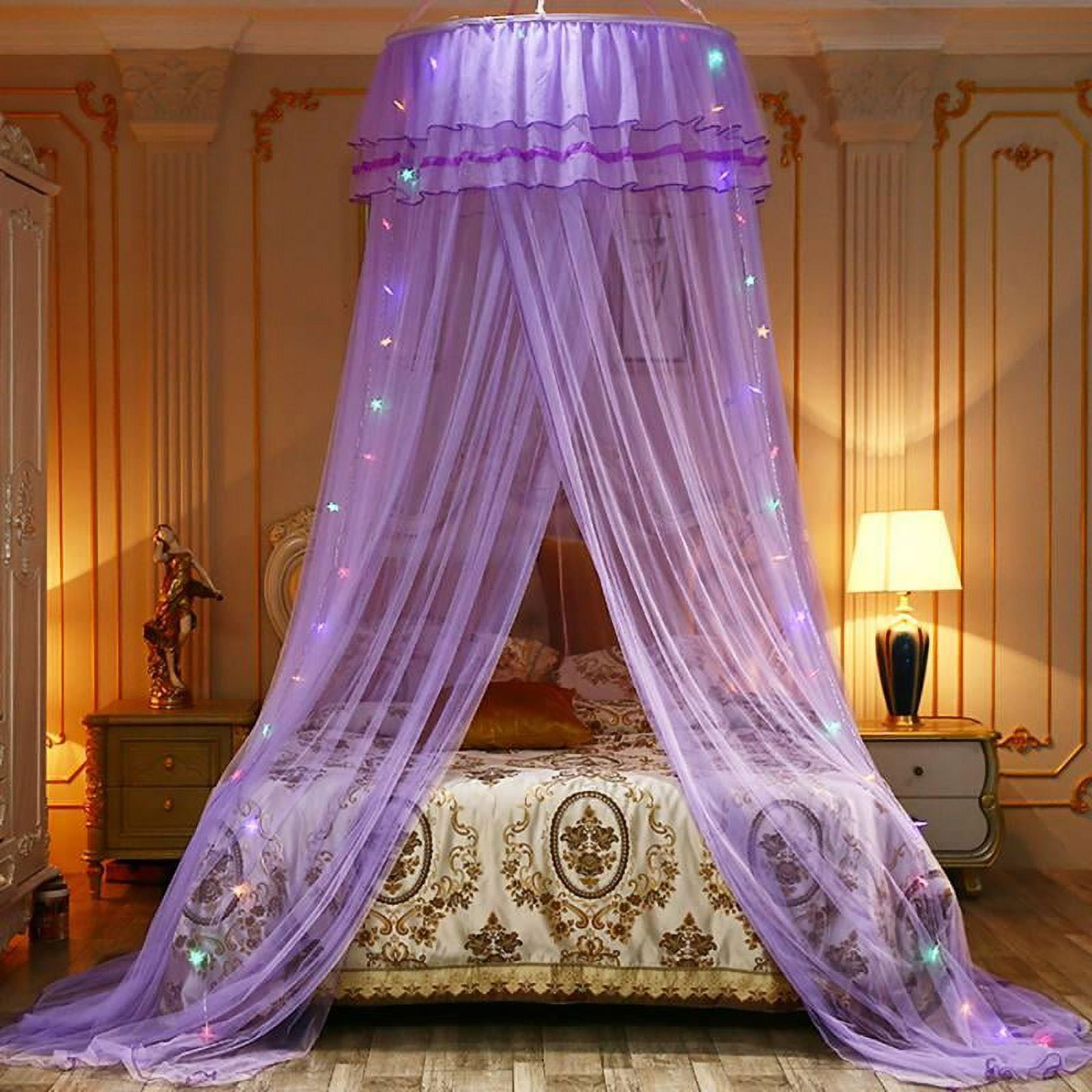 Bed Canopy Lace Crown Mosquito Net With String Light for Girls Bed, Round Hoop Princess Play Tent Cover Garden Lace Dome Curtains Baby Kids bedroom Decor, Size 27.5 "x 102"