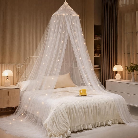 Bed Canopy with Lights, Bed Canopy for Girls Princess with Luminous Stars, Canopy Bed Curtains for Twin Size Bed, Baby Kids Adult Indoor Decor Bedroom Reading Nook Outdoor Camping, White