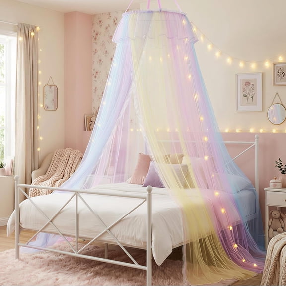 Bed Canopy with Lights for Girls  Double Layer Mesh Netting Princess Canopy, Starry Lights, Ruffle Lace Decor, Mosquito Net for Twin/Full/Queen/King Bed, Magical Rainbow Room Decor, Birthday Gift
