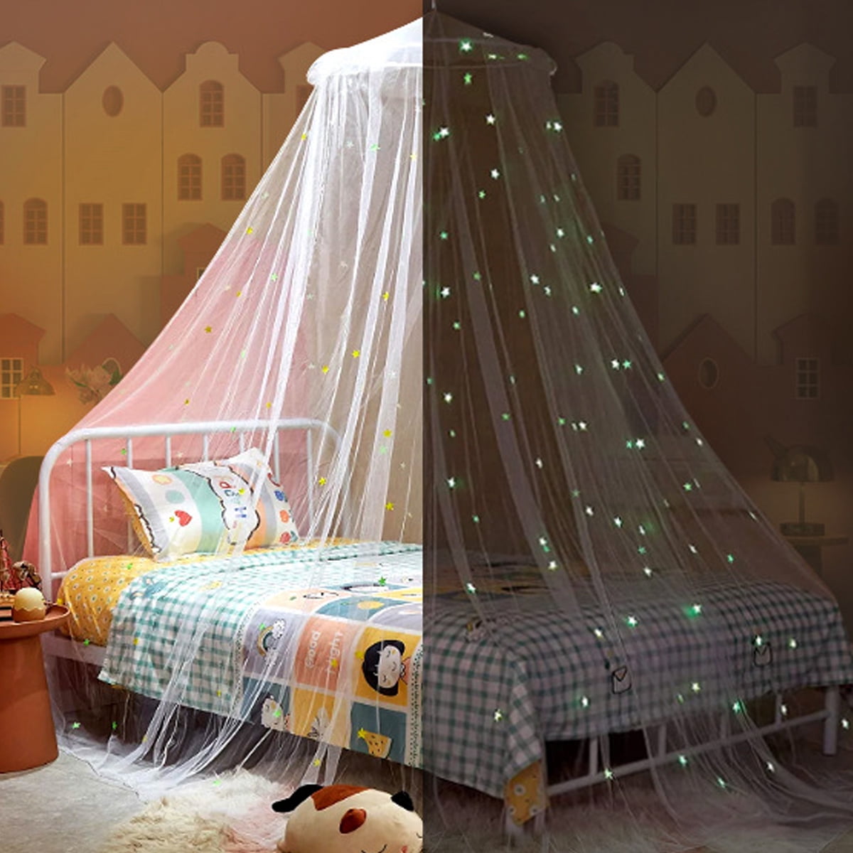 Bed Canopy Mesh Netting with Fluorescent Stars for Girls Kids Glow in Dark Hanging Bed Dome Canopy Crib Tent Easy Installation Mosquito Net for Single to King Size Beds (White)
