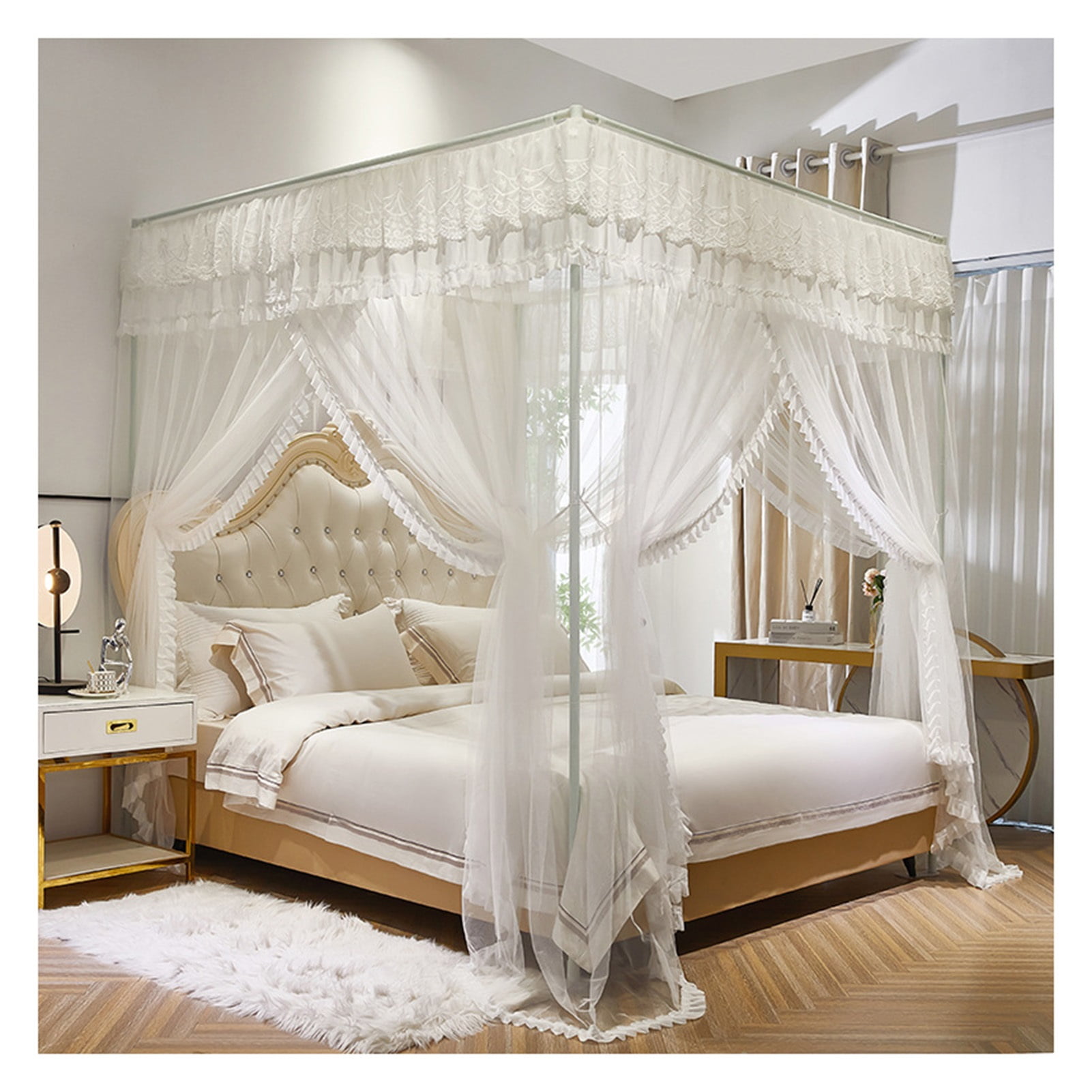 Bed Canopy Net, Corner Post Curtains, Bedroom Decor Bed Curtains Mosquito Net,Four Poster Design, with Frame for Girls