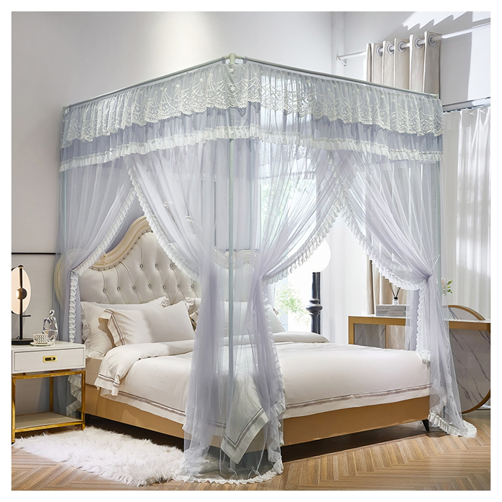 Bed Canopy Net, Corner Post Curtains, Bedroom Decor Bed Curtains Mosquito Net,Four Poster Design, with Frame for Girls