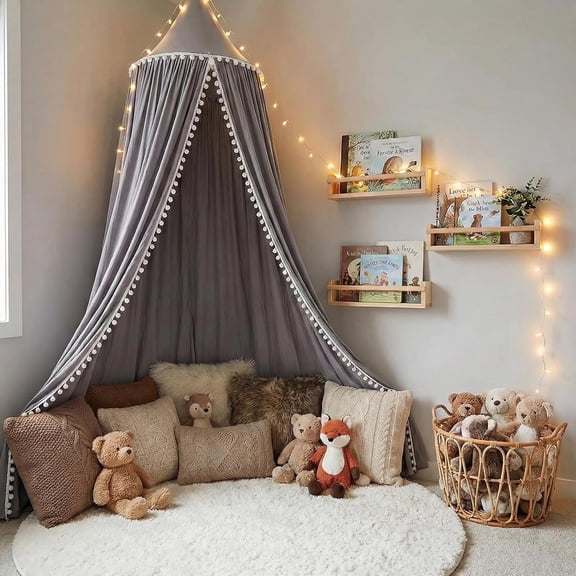 Bed Canopy with Pom Pom Kids Reading Nook Hanging Tent (Gray) | Canopy for Kids Crib Baby Girl Netting Cover Canopy Crib Curtain Nursery Play Game Castle Room Decoration