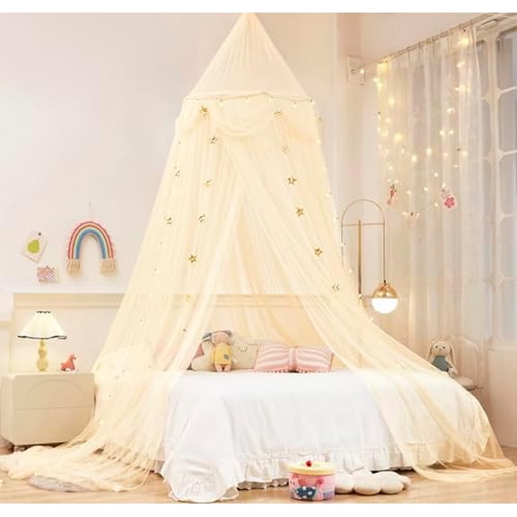 Bed Canopy with Star Lights, Gold Star Princess Canopy for Bed,Extra Large Dome Mosquito Net Reading Nook Bed Canopy for Girls Twin Full Queen Size Bed,Ivory