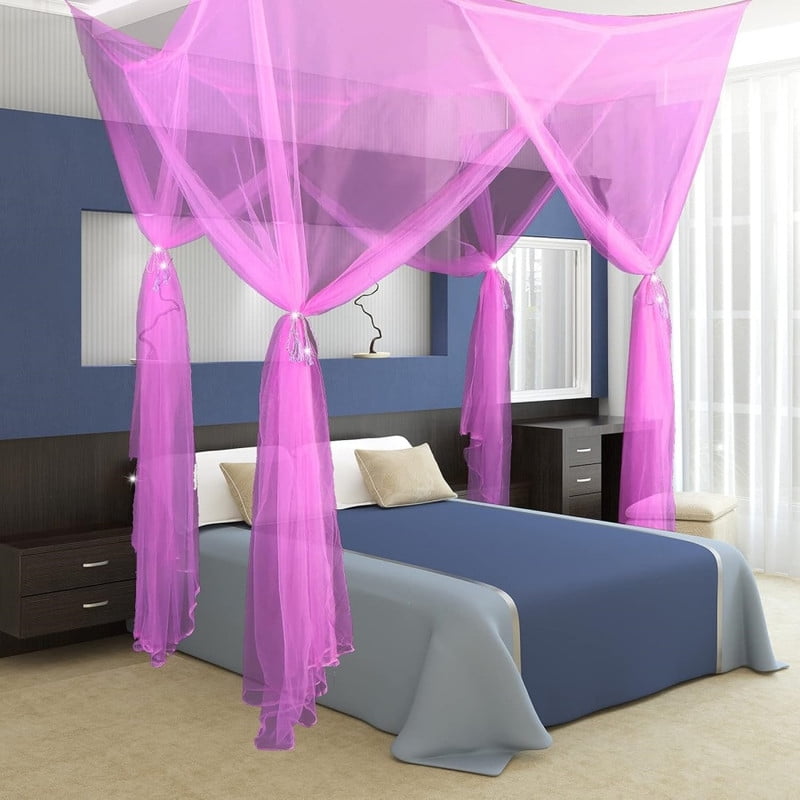 Bed Canopy for Full Queen King Size Bed, Canopy Bed Curtains Elegant Mosquito Net, Mosquito Netting for Camping Patio Indoor Outdoor Bug Net, Purple