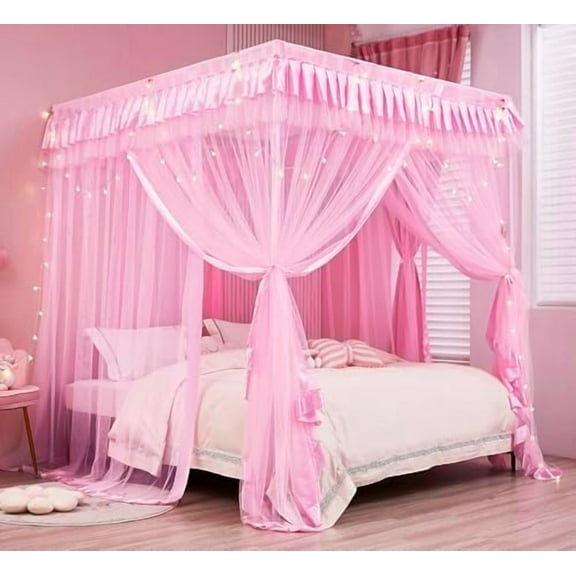 Bed Canopy for Girls,Canopy Bed Curtains Canopy for Bed Drapes,Princess Bed Curtains Birthday Present Girls Room Decor,Pink