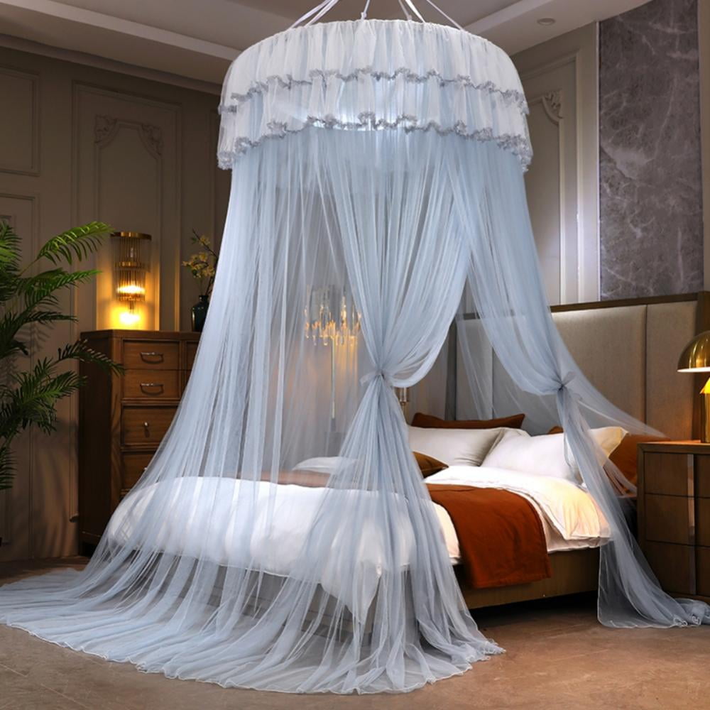 Bed Canopy for Girls, Pink Princess Canopy Bed Curtains, Round Dome Fairy Net for Girls Boys Adults Bed, Gray