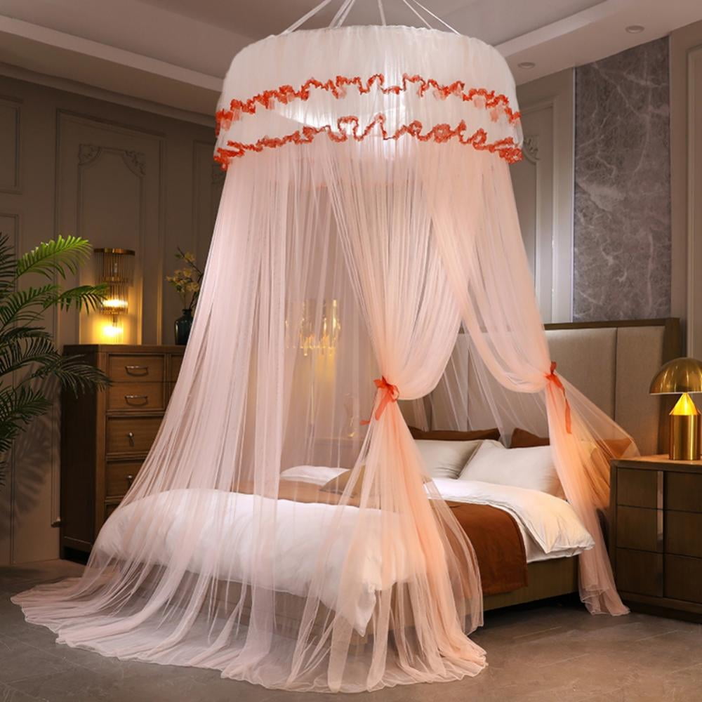 Bed Canopy for Girls, Pink Princess Canopy Bed Curtains, Round Dome Fairy Net for Girls Boys Adults Bed, Red