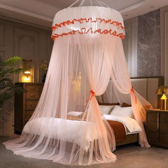 Bed Canopy for Girls, Pink Princess Canopy Bed Curtains, Round Dome Fairy Net for Girls Boys Adults Bed, Red