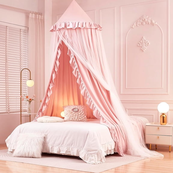 Bed Canopy for Girls,Princess Round Dome Canopy Bed Curtains-Dreamy Mosquito Net Castle Play Tent Castle for Girls Room Decor (Beige Pink/Double)