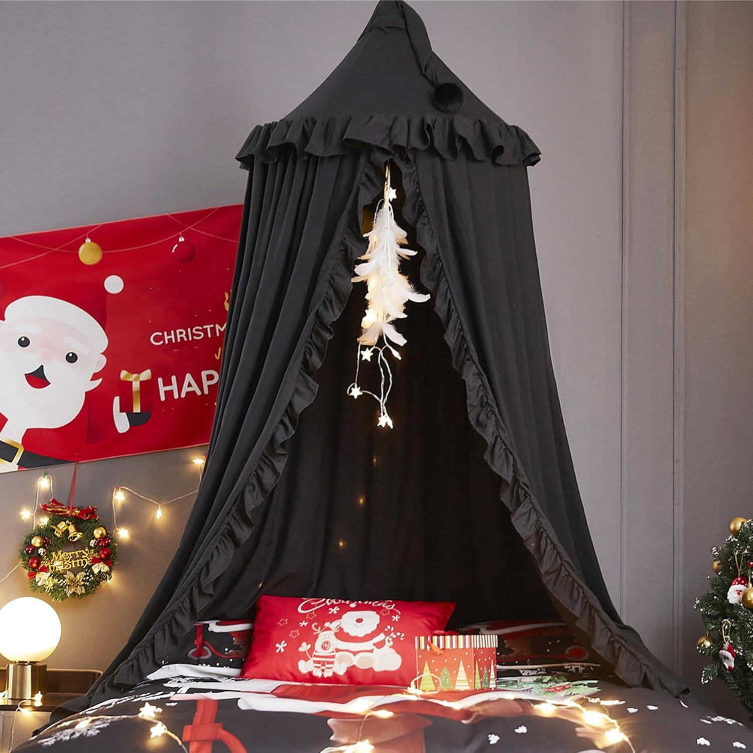Bed Canopy for Girls,Princess Round Dome Dreamy Mosquito Net Bedding Girls Room Castle Play Tent Hanging House Decor Reading Nook Canopies (Black)