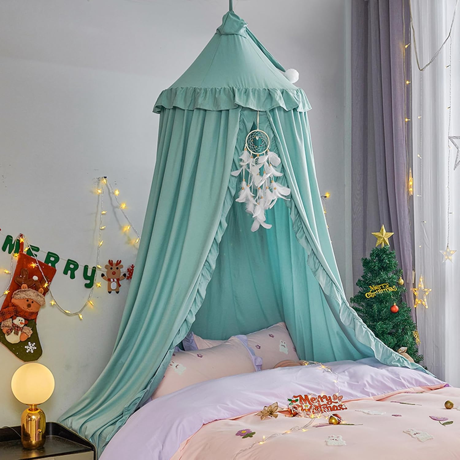 Bed Canopy for Girls,Princess Round Dome Dreamy Mosquito Net Bedding Girls Room Castle Play Tent Hanging House Decor Reading Nook Canopies (Green)