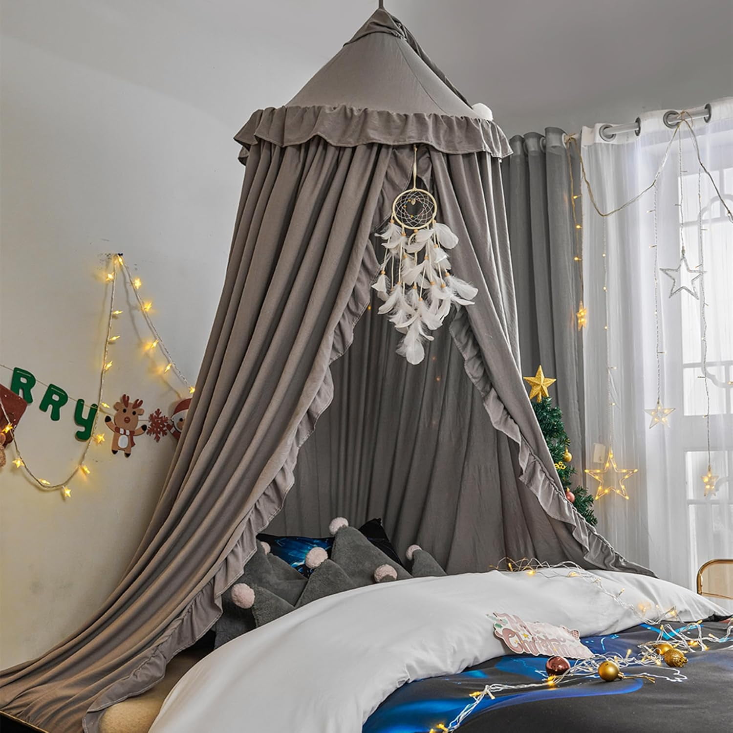 Bed Canopy for Girls,Princess Round Dome Dreamy Mosquito Net Bedding Girls Room Castle Play Tent Hanging House Decor Reading Nook Canopies (Grey)