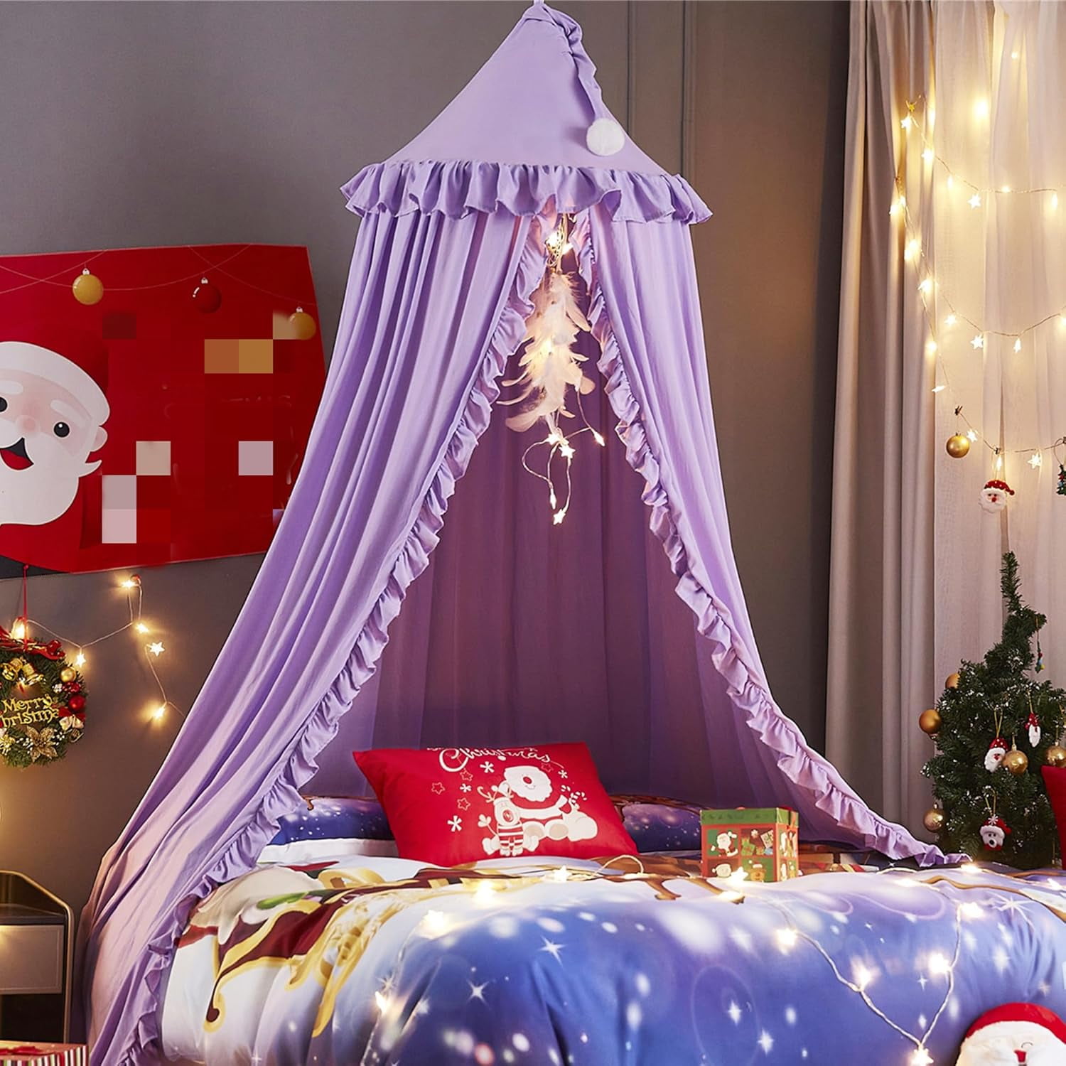 Bed Canopy for Girls,Princess Round Dome Dreamy Mosquito Net Bedding Girls Room Castle Play Tent Hanging House Decor Reading Nook Canopies (Purple)