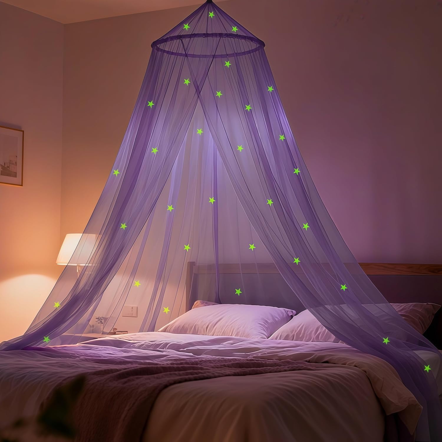 Bed Canopy for Girls with Glow-in-The-Dark Stars, Princess Canopy Curtains Fits Single, Twin, Full, Queen Size Bed, Bedroom Accessories, Ceiling Tent