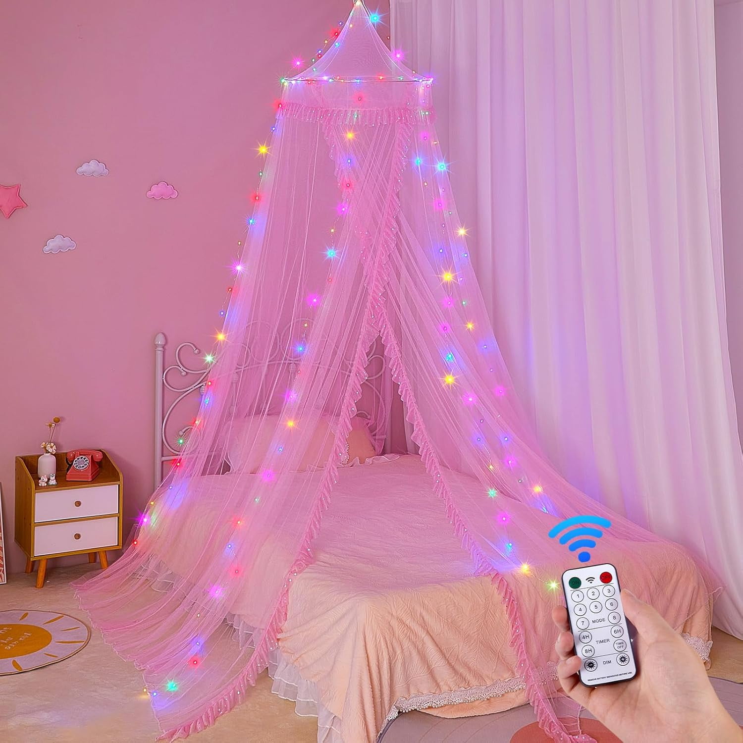 Bed Canopy for Girls with Remote Timer Breathable Canopy Bed Curtains with 8 Modes LED Lights Net Canopy for Bed for Girls Room Decor,Pink