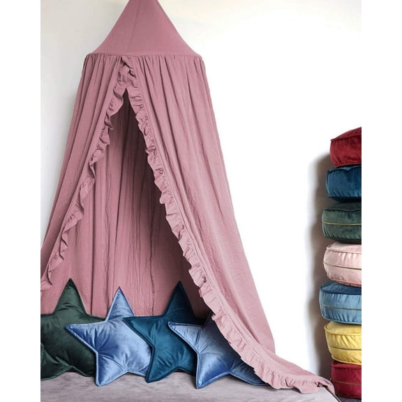 Bed Canopy with Frills Reading Nook Game Tent for Kids Boho Hanging Net Play Room Decor(Dusty Rose)