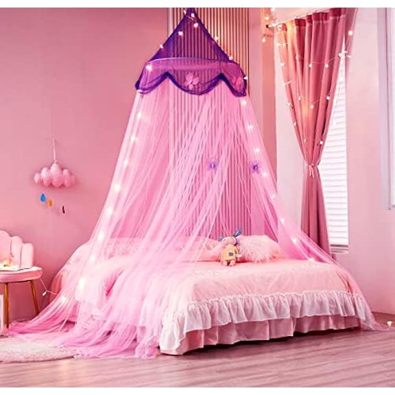 Bed Canopy with Lights,Bed Canopy for Girls Canopy Bed Curtains Girls Bedroom Decor for Twin to King Size Bed (Purple and Pink)