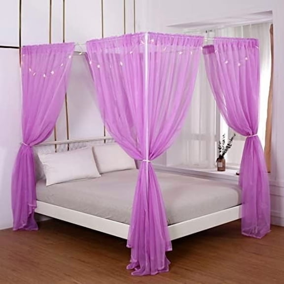 Bed Canopy with Lights Canopy Bed Curtains Canopy for Girls Boys Adults,Home Decoration Set of 8 Panels (Full/Queen, Purple)
