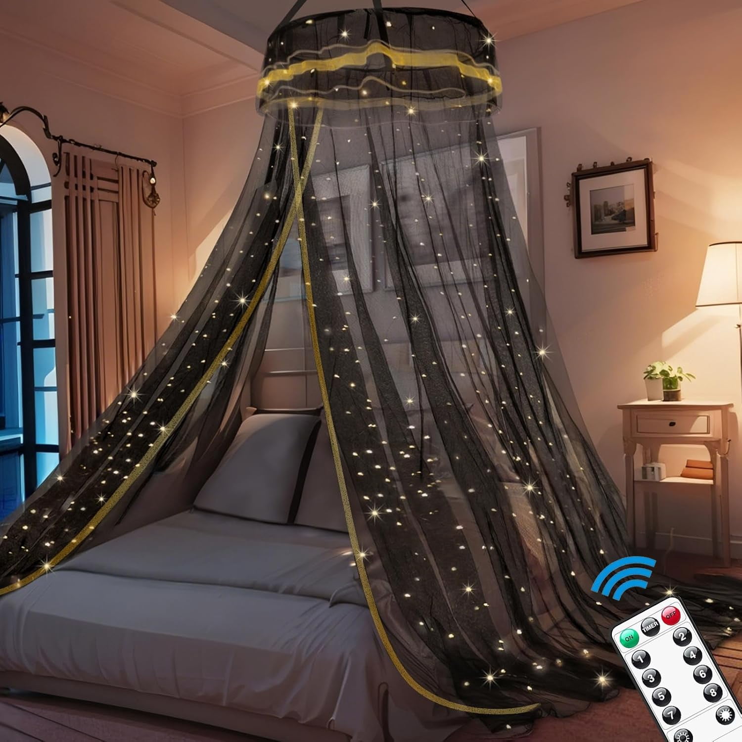 Bed Canopy with Lights for Girls, Decorate Led Lights Bed Canopy Netting Mosquito Net, Home Decor for Twin, Full, Queen - Black
