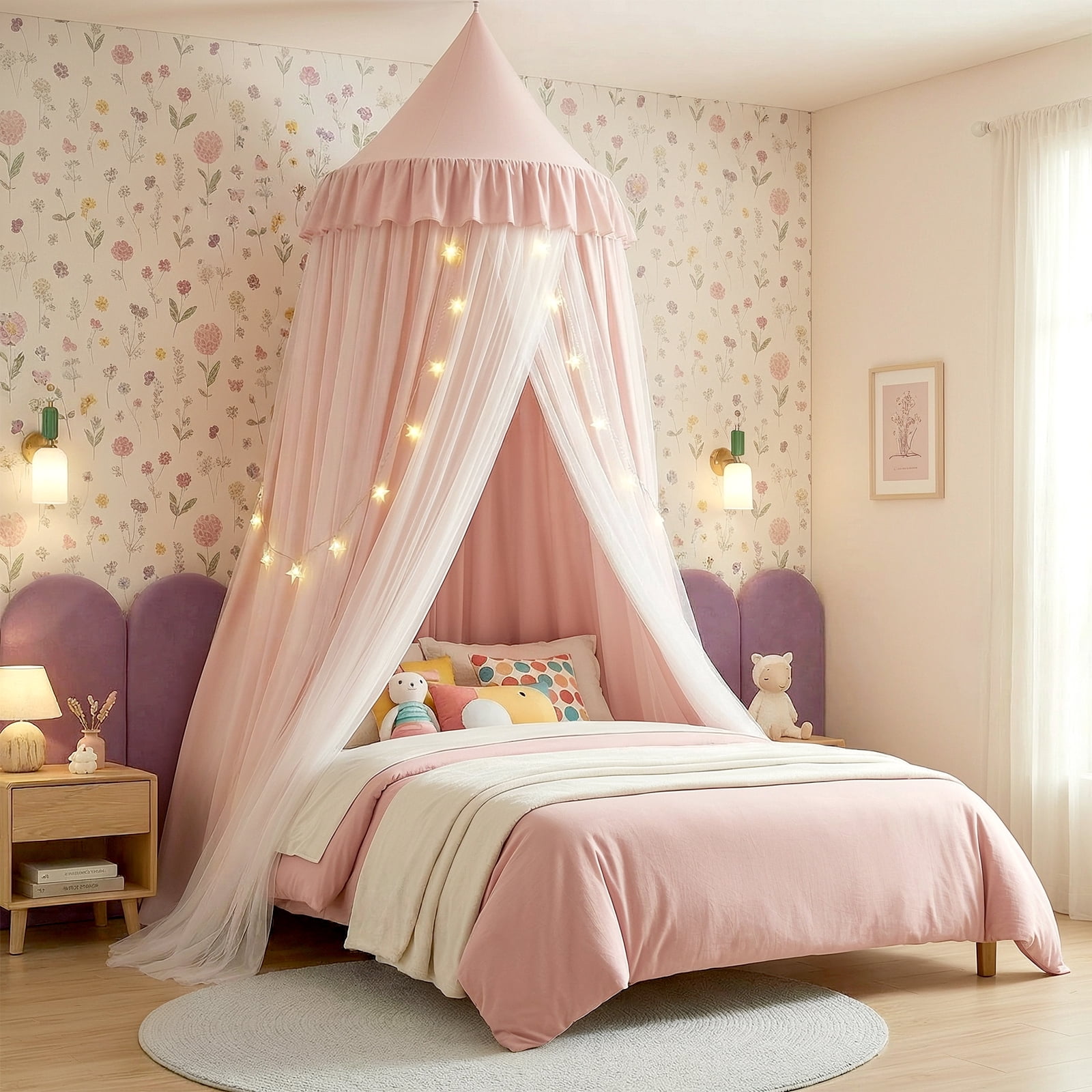 Bed Canopy with Star Night Light, Double Layer Dustproof & Breathable, Kids Reading Nook Bed Tent, Machine Washable, Available in , Pink