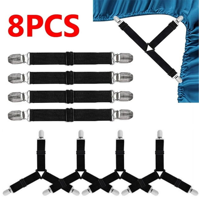 Bed Sheet Holder Straps, 4 PCS Bed Sheet Fasteners Adjustable Triangle  Elastic Braces Mattress Corner Clips with Heavy Duty Clips
