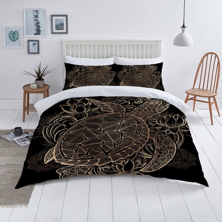 Bed Cover Set Golden and Black Luxury Sea Turtle Printed Home Bedclothes Quilt Covers,Queen (90"x90")