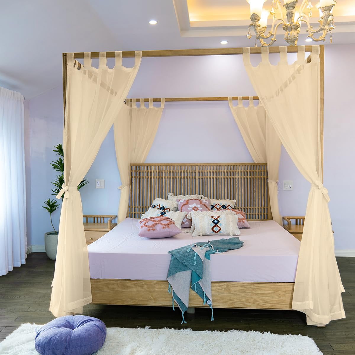 Bed Curtains For King  Queen Full And 4 Corner Canopies & Drapes Four Poster Beds Sheer Champagne