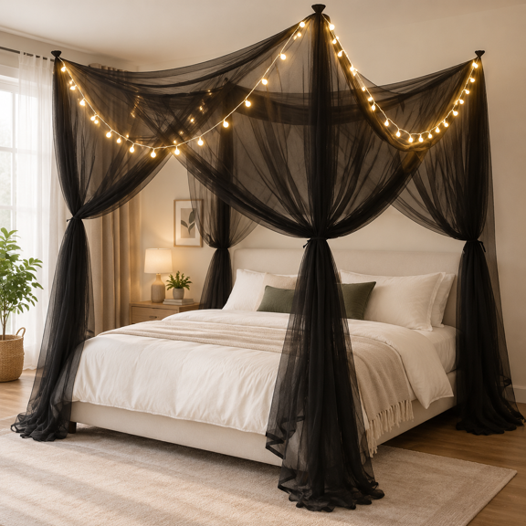 Bed Curtawith Lights Elegant Netting For Full Queen King Size Decoration Gothic Black Room Decor Aesthetic