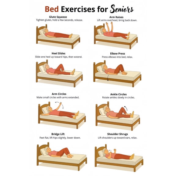 Bed Exercises for Seniors gentle seated visual guide wall chart home poster