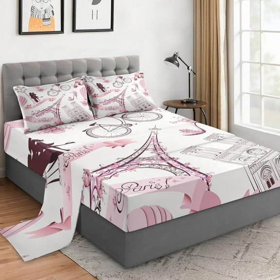 Bed Fitted Sheet Set with 14" Deep Pocket, Paris Eiffel Tower Love Flat Sheet Set for Kids and Adults, Romantic Bedding Set with 2 Pillowcases for Bedroom Decor