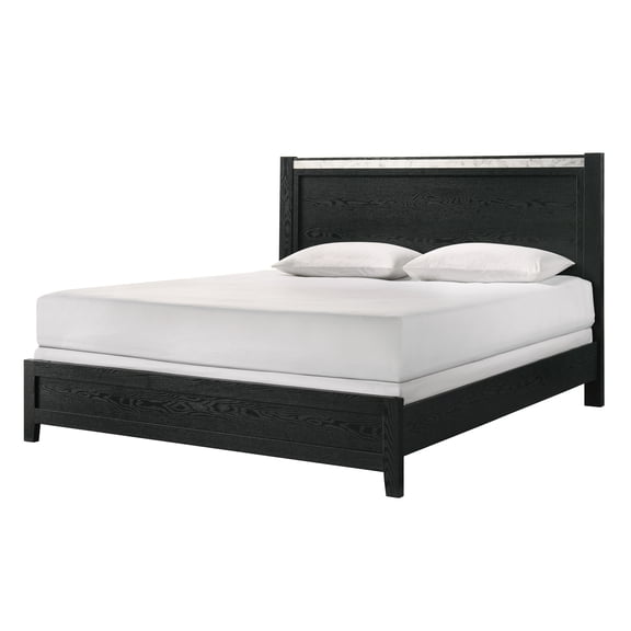 Bed Frame 1pc Black King Size Panel Bed Contemporary Style Faux Marble Accents Bedroom Furniture