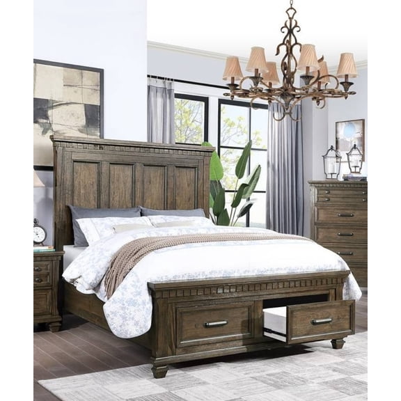 Bed Frame 1pc California King Size Panel Headboard Bed Footboard Drawers Traditional Brown Finish Bedroom Furniture