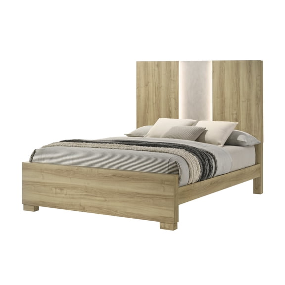 Bed Frame 1pc Contemporary Queen Panel Bed with Integrated Lighting Driftwood Finish