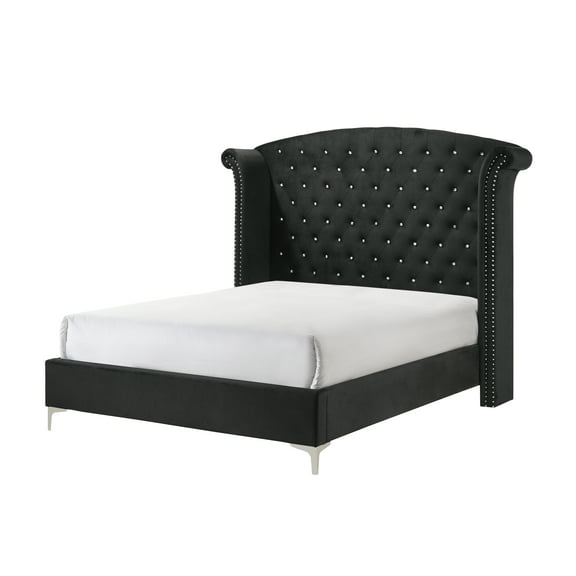 Bed Frame 1pc Glam Upholstered King Bed Button-Tufting Wing Back Headboard Button Tufted Bedroom Furniture Wood Metal Fabric Black