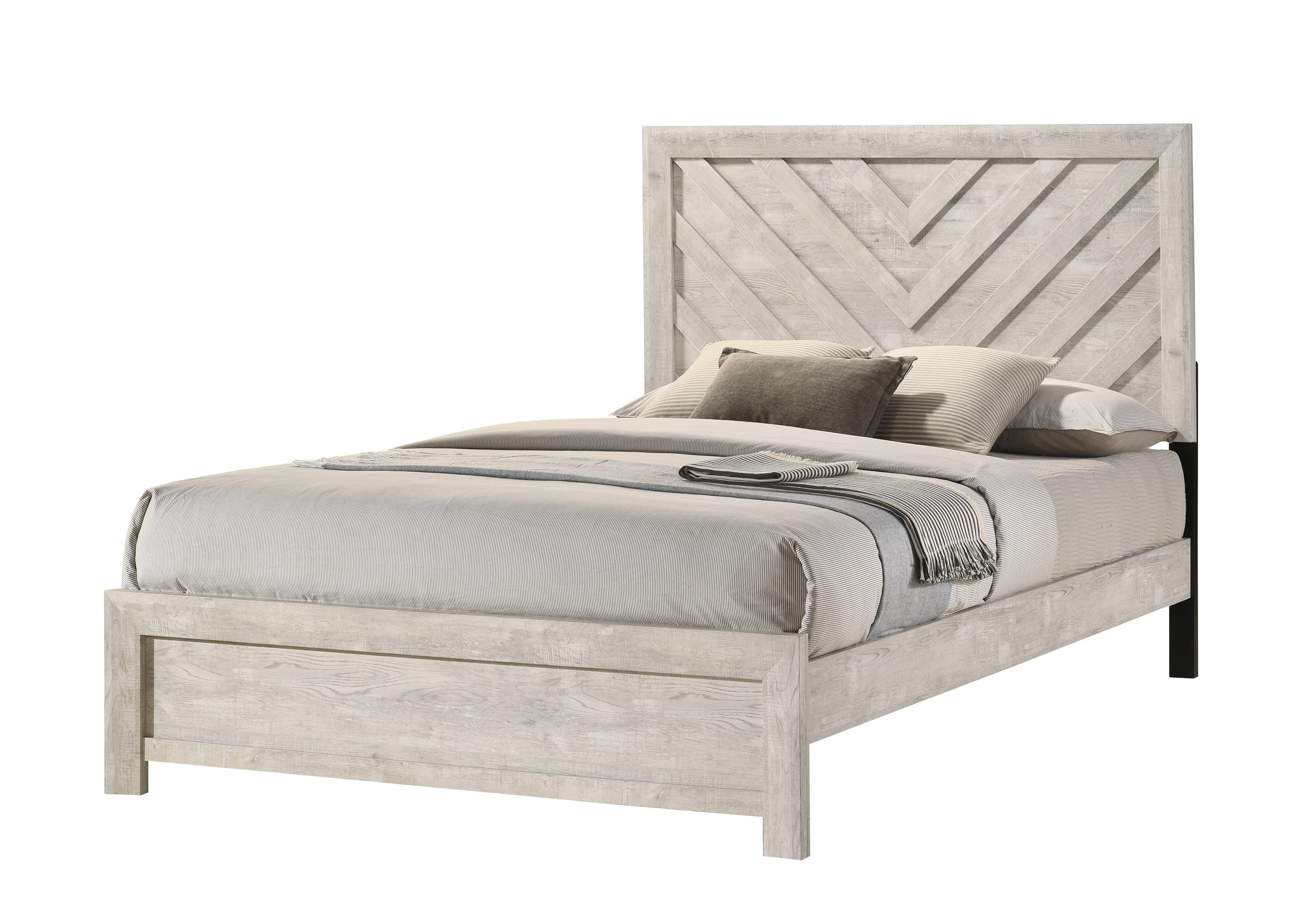 Bed Frame 1pc King Size Bed Rustic Beige Gray Finish Wooden Bedroom Furniture Geometric Design Chevron Pattern