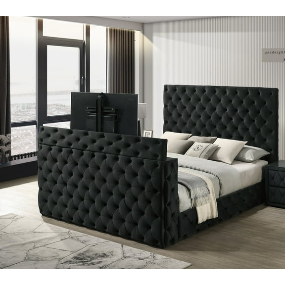 Bed Frame 1pc Luxurious Queen Size Bed Deeply Tufted Headboard Nail Head Trim Upholstered Black Velvet Footboard Integrated Television Lift Mechanism Storage Furniture