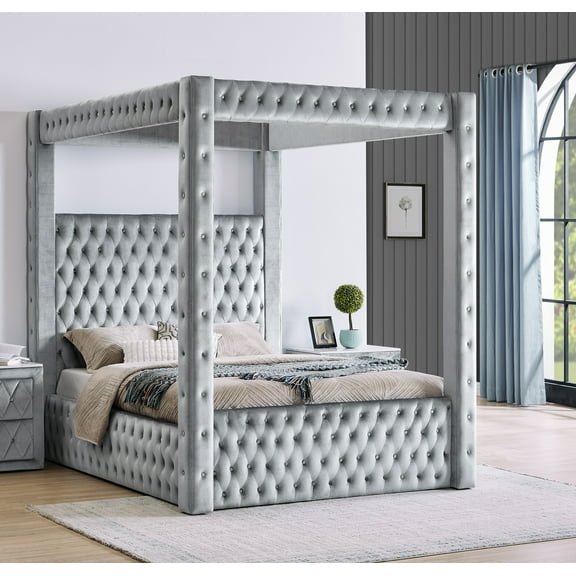 Bed Frame 1pc Majestic Canopy Four-poster Queen Bed Tufted Headboard Footboard Gray Rich Velvet Fabric Bedroom Furniture Modern