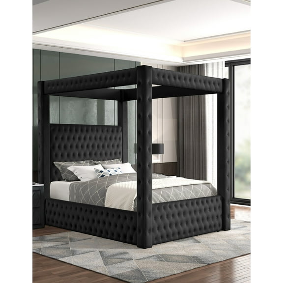 Bed Frame 1pc Majestic Canopy Four-poster Queen Bed Tufted Headboard and Footboard Black Rich Velvet Fabric Bedroom Furniture Modern