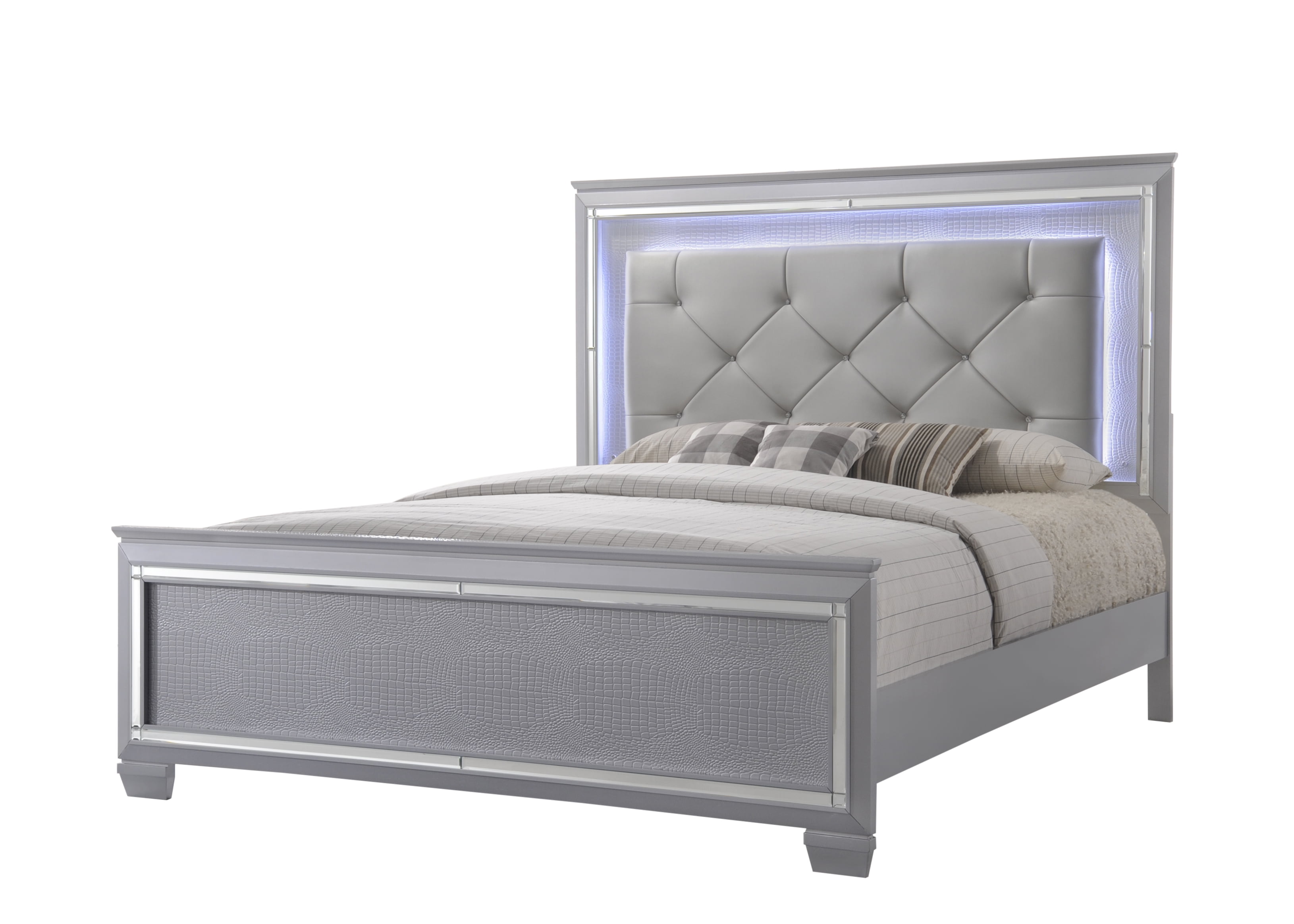 Bed Frame 1pc Modern King LED Faux Leather Upholstery Panel Bed Beveled ...