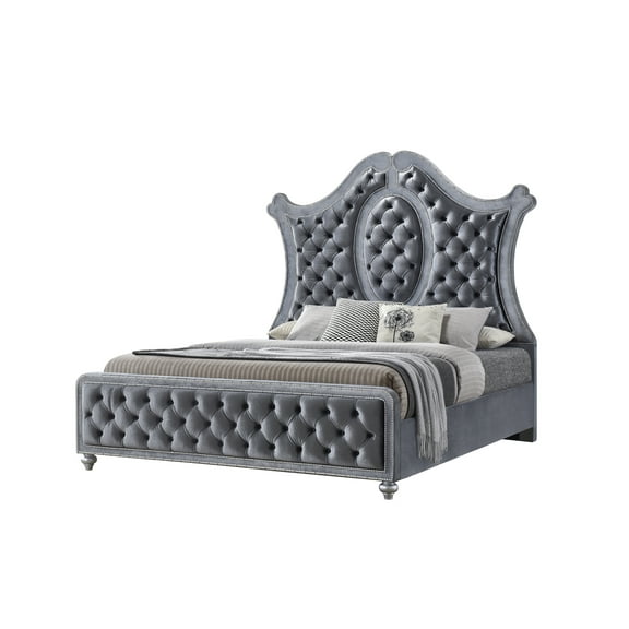 Bed Frame 1pc Queen Panel Bed Tufted Headboard Upholstery and Intricate Nailhead Trim Diamond-patterned Tufted Accent Modern Luxury Gray Silver