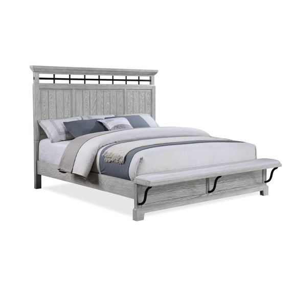 Bed Frame 1pc Rustic Charm Footboard Bench Panel King Bed Soft Greige Natural Wood Grain Solid Wood