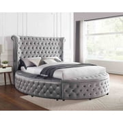 Bed Frame 1pc Unique Round Glam Gray Velvet Like Acrylic Button-Tufted Detailing Storage Bed King Size
