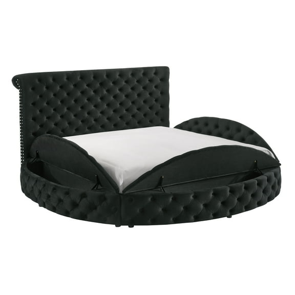 Bed Frame 1pc Unique Round Plush Black Velvet Button-Detailing Storage Bed King Size